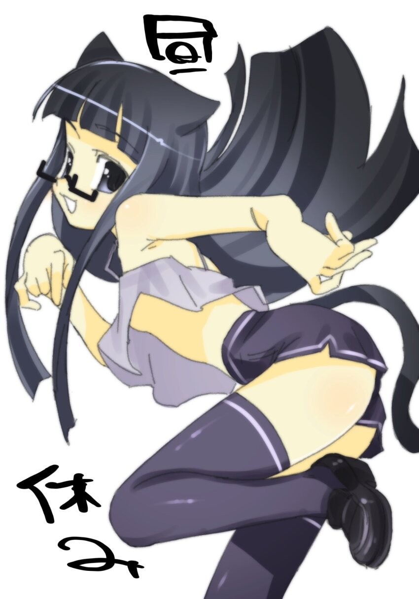 1girl animal_ears black_hair black_shoes black_shorts black_thighhighs cat_ears cat_girl cat_tail clothes_lift dolphin_shorts floating glasses highres loafers long_hair looking_at_viewer original semi-rimless_eyewear shirt_lift shoes short_shorts shorts simple_background smile solo standing standing_on_one_leg tail tank_top thighhighs veloexotica white_background