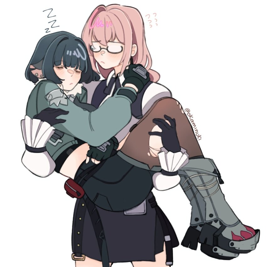 2girls animal_ears black_gloves black_skirt blunt_bangs carrying flying_sweatdrops glasses gloves hair_between_eyes highres jacket jane_doe_(zenless_zone_zero) long_hair mouse_ears mouse_girl multicolored_hair multiple_girls pantyhose parkeeer pink_hair princess_carry shirt shorts sidelocks skirt sleeping torn_clothes torn_pantyhose tsukishiro_yanagi white_background white_shirt zenless_zone_zero