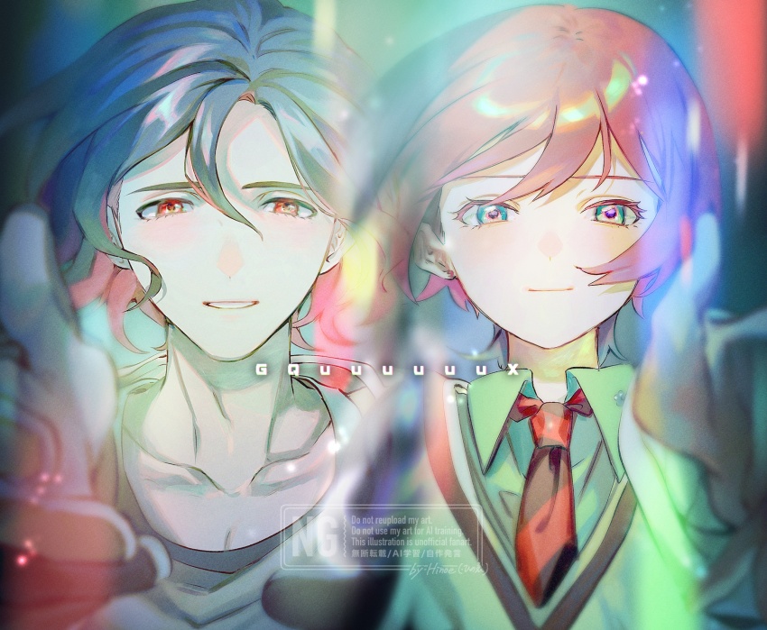 1boy 1girl amate_yuzuriha aqua_eyes aqua_shirt artist_name blue_hair blush breasts closed_mouth collared_shirt colored_inner_hair commentary_request copyright_name gundam gundam_gquuuuuux highres hinoe_(right-hnxx03) long_sleeves looking_at_viewer multicolored_hair necktie open_mouth purple_hair red_eyes red_hair school_uniform shirt short_hair shuji_ito smile sweater tank_top two-tone_hair watermark white_shirt zeknova zooming_in