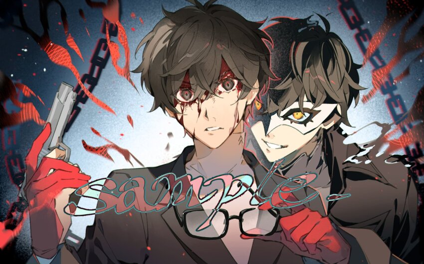 2boys amamiya_ren black_coat black_hair black_jacket blazer blood_from_forehead brown_eyes chain coat dual_persona glasses gloves gun hair_between_eyes holding holding_gun holding_removed_eyewear holding_weapon jacket joker_(persona_5) long_sleeves looking_at_another looking_at_viewer male_focus mask masquerade_mask multiple_boys persona persona_5 red_gloves sample_watermark school_uniform shirt short_hair shuujin_academy_school_uniform smile sweater turtleneck turtleneck_sweater unworn_eyewear v-shaped_eyebrows watermark weapon xing_20 yellow_eyes