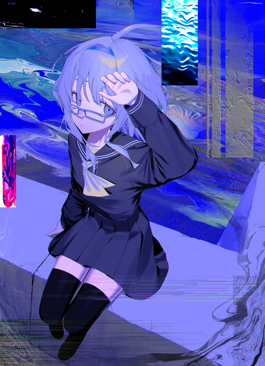 1girl abstract_background absurdres ahoge arm_up black_sailor_collar black_serafuku black_shirt black_skirt black_thighhighs blue_background commentary commission distortion full_body glasses glitch hand_on_own_head highres long_sleeves looking_at_viewer original outdoors pleated_skirt purple_eyes purple_hair sailor_collar school_uniform serafuku shirt short_hair signal_1120 sitting skeb_commission skirt solo thighhighs