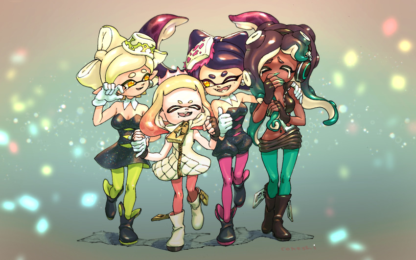 4girls ankle_boots aqua_hair aqua_pantyhose bare_shoulders black_dress black_footwear black_gloves black_jumpsuit black_shirt black_shorts blonde_hair boots bow-shaped_hair breasts brown_hair callie_(splatoon) callie_(squid_sisters_outfit)_(splatoon) cleavage closed_eyes cokeshi collar colored_extremities commentary_request covering_own_mouth crop_top cross-shaped_pupils crown crying dark-skinned_female dark_skin detached_collar dress fingerless_gloves floating_hair full_body gloves gradient_hair green_hair green_pantyhose hand_on_another&#039;s_shoulder headphones highres holding_hands inkling jumpsuit long_hair looking_at_another marie_(splatoon) marie_(squid_sisters_outfit)_(splatoon) marina_(off_the_hook_outfit)_(splatoon) marina_(splatoon) medium_hair midriff mole mole_under_eye mole_under_mouth multicolored_hair multiple_girls navel_piercing nintendo octoling one_eye_closed open_mouth pantyhose parted_bangs pearl_(off_the_hook_outfit)_(splatoon) pearl_(splatoon) piercing pink_hair pink_pantyhose pointy_ears purple_hair shirt short_hair short_jumpsuit shorts sleeveless sleeveless_dress smile splatoon_(series) splatoon_2 standing standing_on_one_leg strapless strapless_dress swept_bangs symbol-shaped_pupils tearing_up tears thumbs_up twintails two-tone_hair white_collar white_crown white_dress white_footwear white_gloves white_hair wiping_tears yellow_eyes zipper zipper_pull_tab