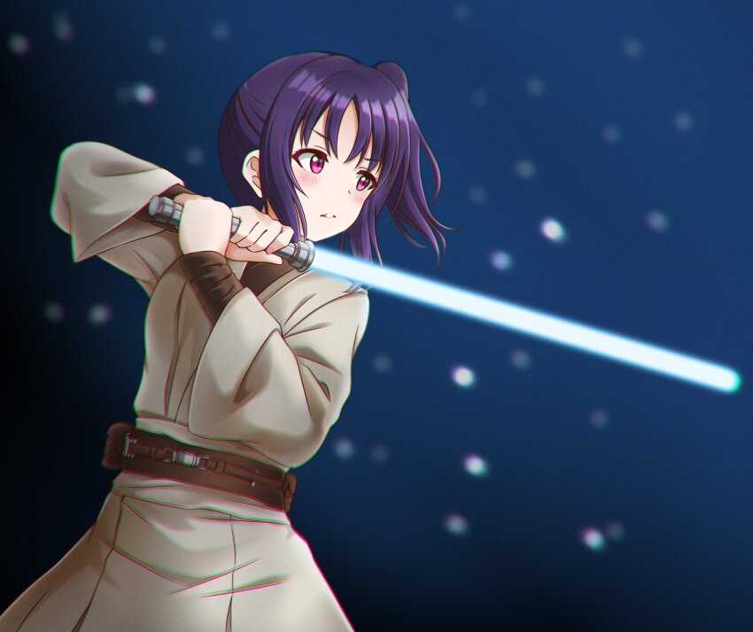 1girl birthday blue_lightsaber blush commentary crossover energy_sword highres holding holding_sword holding_weapon jan_azure jedi kazuno_sarah lightsaber long_hair love_live! love_live!_sunshine!! pink_eyes pun purple_hair side_ponytail sidelocks solo star_wars sword trait_connection upper_body weapon