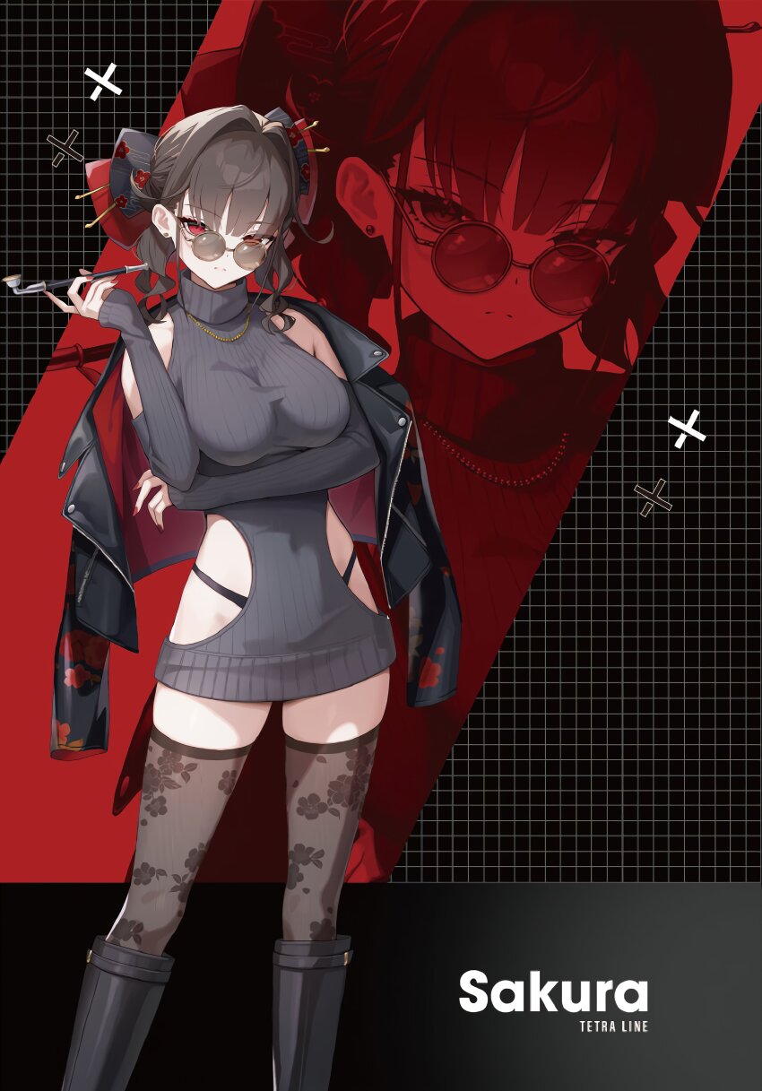 1girl absurdres artist_request brown_hair character_name clothing_cutout covered_navel floral_print floral_print_thighhighs goddess_of_victory:_nikke highres holding holding_smoking_pipe official_alternate_costume official_art red_eyes sakura_(nikke) shoulder_cutout smoking_pipe solo sweater third-party_source zozotown