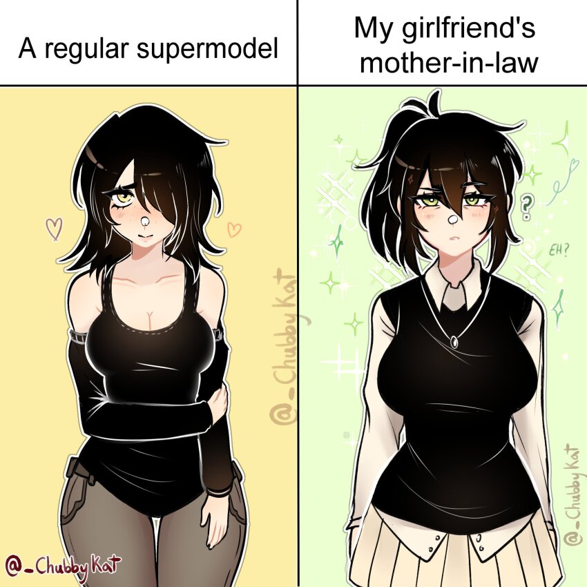 2girls ? black_hair black_tank_top chubbykat cleavage_cutout clothing_cutout cowboy_shot green_eyes hair_over_eyes heart highres julia_(the_coffin_of_andy_and_leyley) looking_at_viewer meme multiple_girls ponytail renee_graves skirt tank_top the_coffin_of_andy_and_leyley
