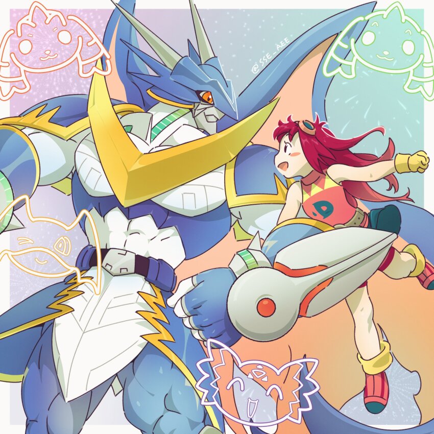 1girl armor belt culumon digimon digimon_(creature) goggles goggles_on_head highres kizuna_(digimon) long_hair lopmon patamon rabbit smile terriermon ulforcev-dramon zero_unit