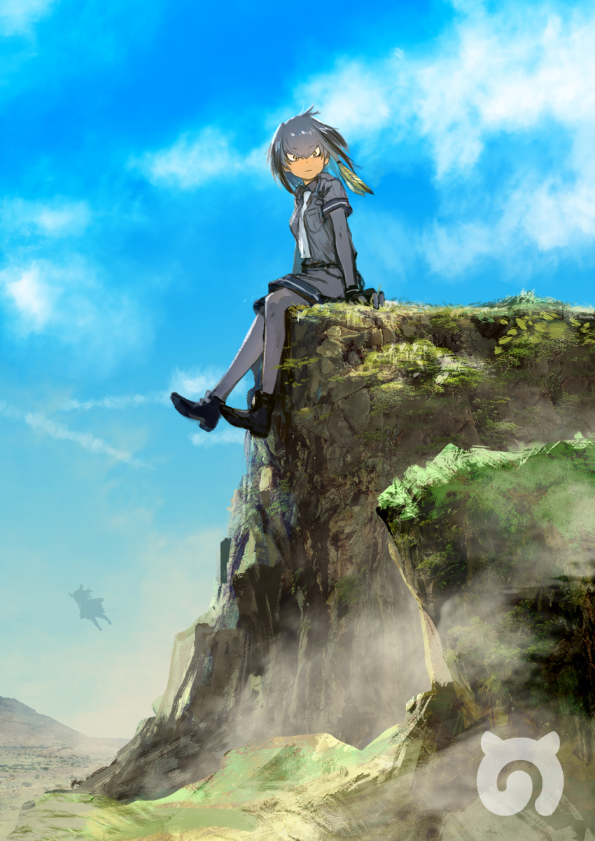 &gt;:( 10s 2girls ankle_boots black_gloves blue_sky bodystocking boots cloud cloudy_sky day eyelashes fingerless_gloves fog from_side frown full_body gloves grey_hair grey_shirt head_wings highres japanese_crested_ibis_(kemono_friends) japari_symbol kemono_friends looking_at_viewer low_ponytail moss mountain multicolored_hair multiple_girls necktie outdoors outstretched_arms pantyhose pocket ponytail scenery shirt shoebill_(kemono_friends) shoelaces short_hair short_hair_with_long_locks short_sleeves shorts side_ponytail sidelocks silhouette sitting sky square-end_necktie takeyuki15 tsurime v-shaped_eyebrows wide_shot wings yellow_eyes
