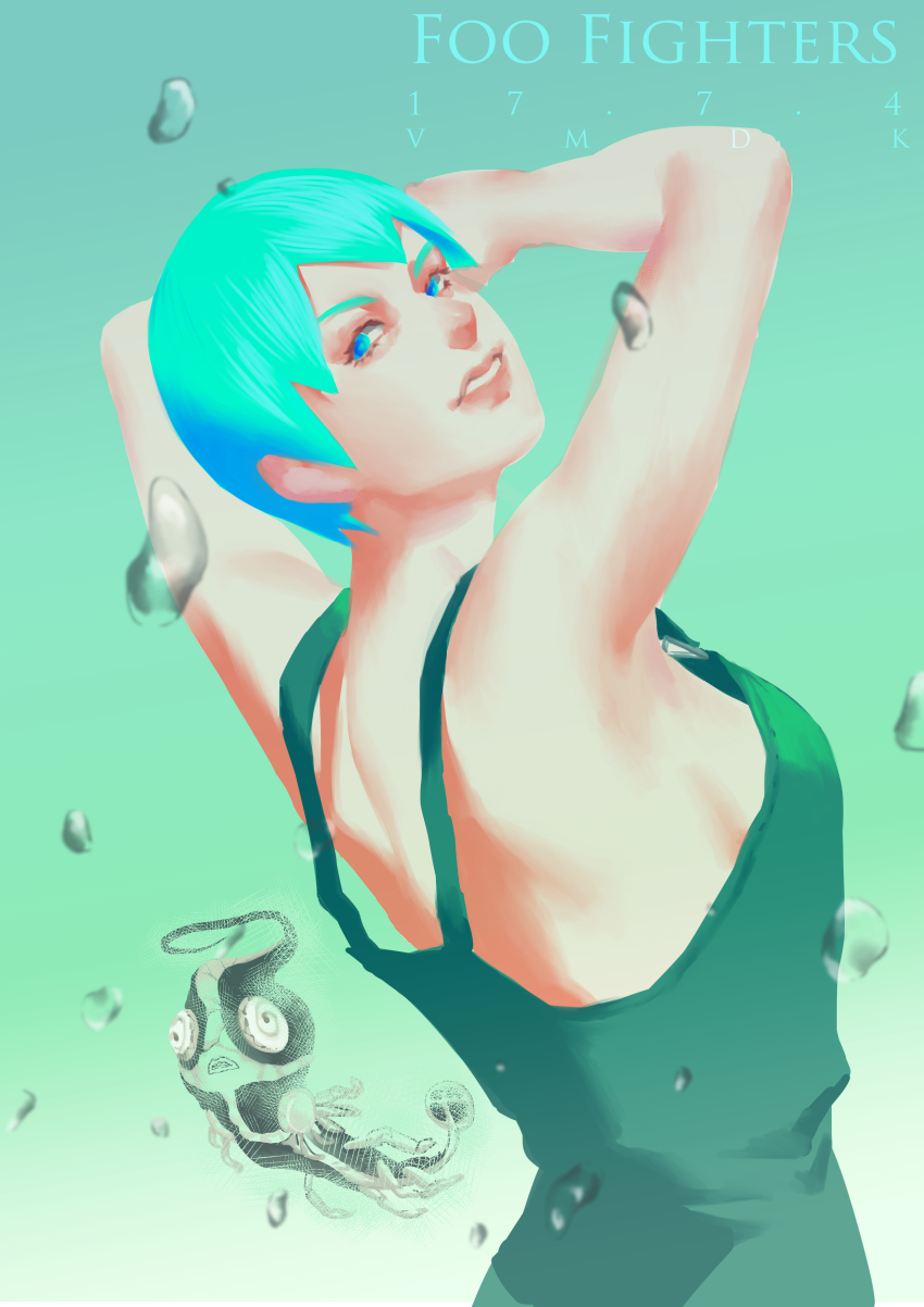 1girl absurdres aqua_hair arms_up artist_name blue_eyes blue_hair breasts character_name dual_persona foo_fighters_(jojo) foo_fighters_(stand) green_hair green_overalls highres jojo_no_kimyou_na_bouken looking_at_viewer looking_to_the_side medium_breasts overalls plankton sideboob smile stand_(jojo) stone_ocean vm_(as92402) water