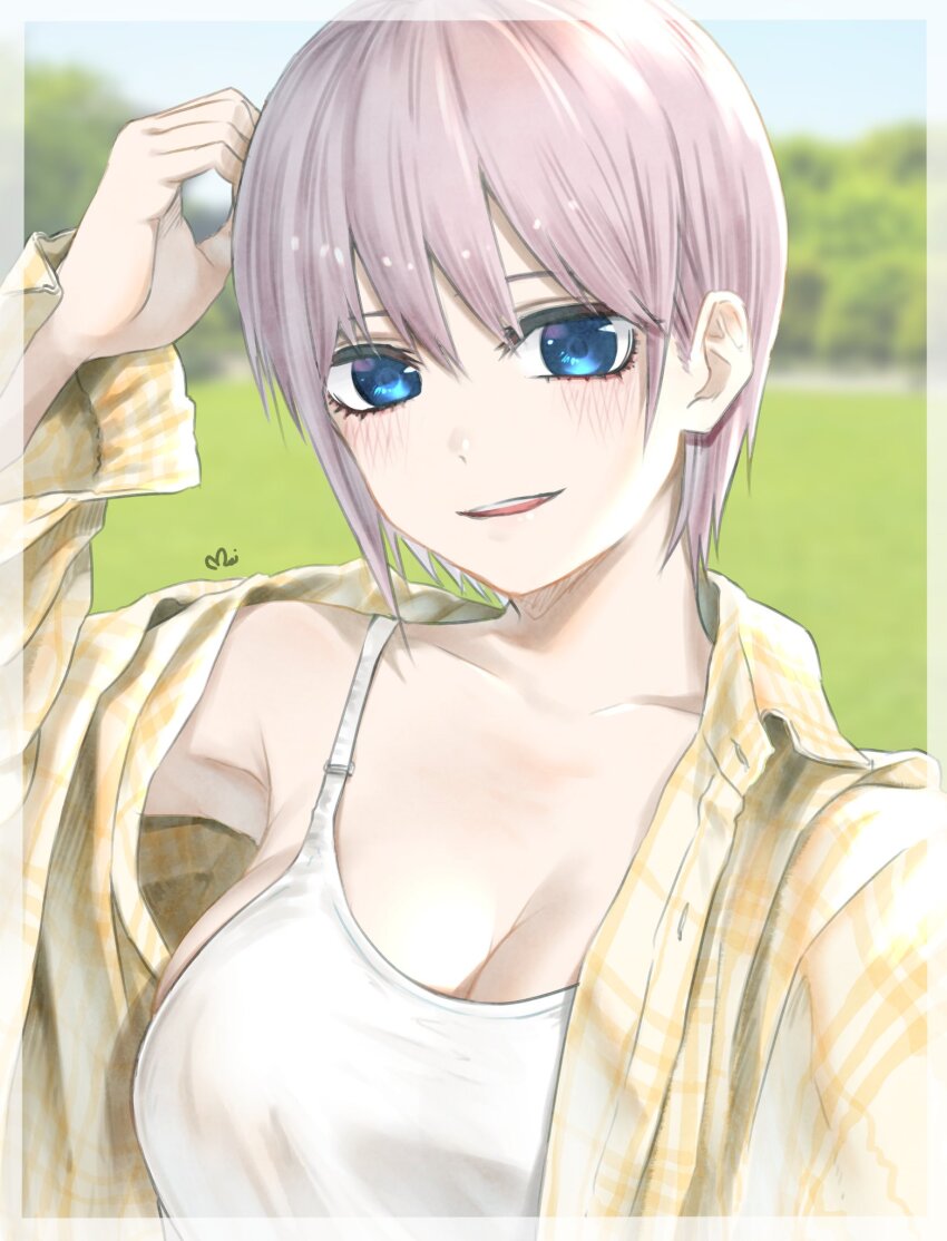 1girl arms_up blue_eyes blush bra breasts cleavage collarbone collared_shirt commentary day go-toubun_no_hanayome highres large_breasts looking_at_viewer mitsugu nakano_ichika outdoors parted_lips pink_hair shirt short_hair signature solo underwear upper_body white_bra yellow_shirt