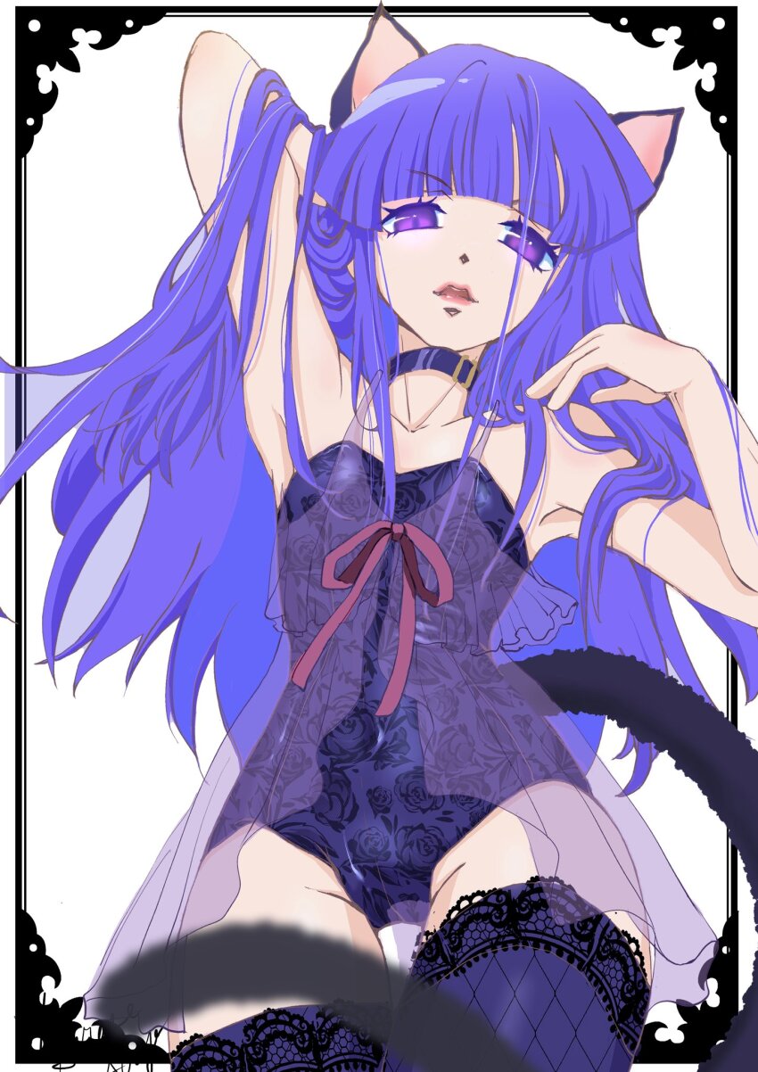 1girl animal_ears armpits arms_up blue_hair blue_leotard blunt_bangs bow cat_ears cat_tail choker eyelashes flat_chest floral_print frederica_bernkastel hand_in_own_hair highres lace lace-trimmed_legwear lace-trimmed_thighhighs lace_trim leotard long_hair looking_at_viewer nightgown open_mouth out_of_frame parted_lips purple_eyes purple_nightgown red_ribbon ribbon see-through_clothes sirase_souya solo tail thighhighs umineko_no_naku_koro_ni white_background