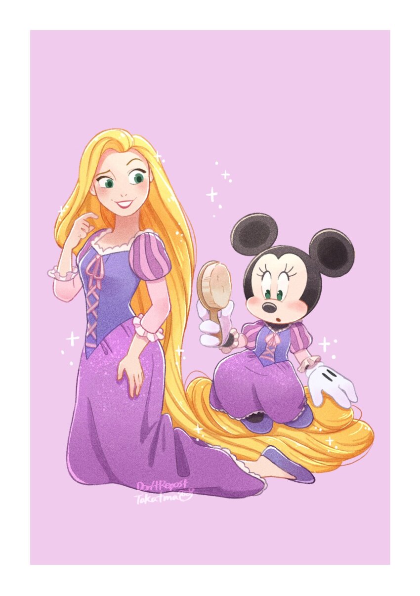 absurdly_long_hair blonde_hair company_connection cosplay disney dress flower green_eyes highres long_hair long_sleeves looking_at_viewer minnie_mouse mouse_girl multiple_girls puffy_sleeves purple_dress rapunzel_(disney) rapunzel_(disney)_(cosplay) smile takatmaorange tangled very_long_hair