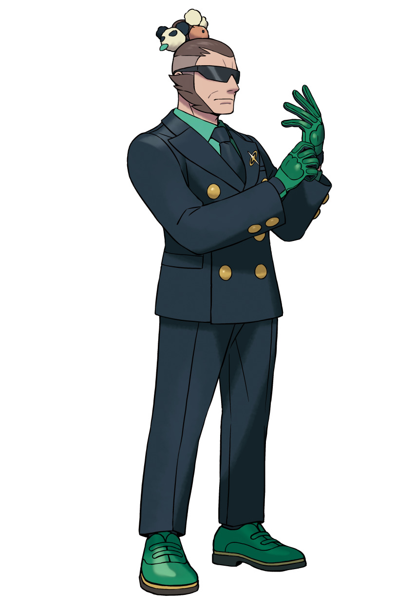 1boy absurdres adjusting_clothes adjusting_gloves artist_request black_jacket black_necktie black_pants brown_hair buneary buttons character_hair_ornament closed_mouth collared_shirt double-breasted formal_clothes full_body gen_4_pokemon gen_6_pokemon gloves green_gloves green_shirt green_shoes hair_ornament hands_up highres jacket lapel_pin long_sleeves looking_afar male_focus necktie nintendo official_art outline own_hands_together pancham pants pokemon pokemon_legends:_z-a rimless_eyewear shirt shoes short_hair sideburns simple_background solo standing suit sunglasses topknot transparent_background vinnie_(pokemon) white_outline