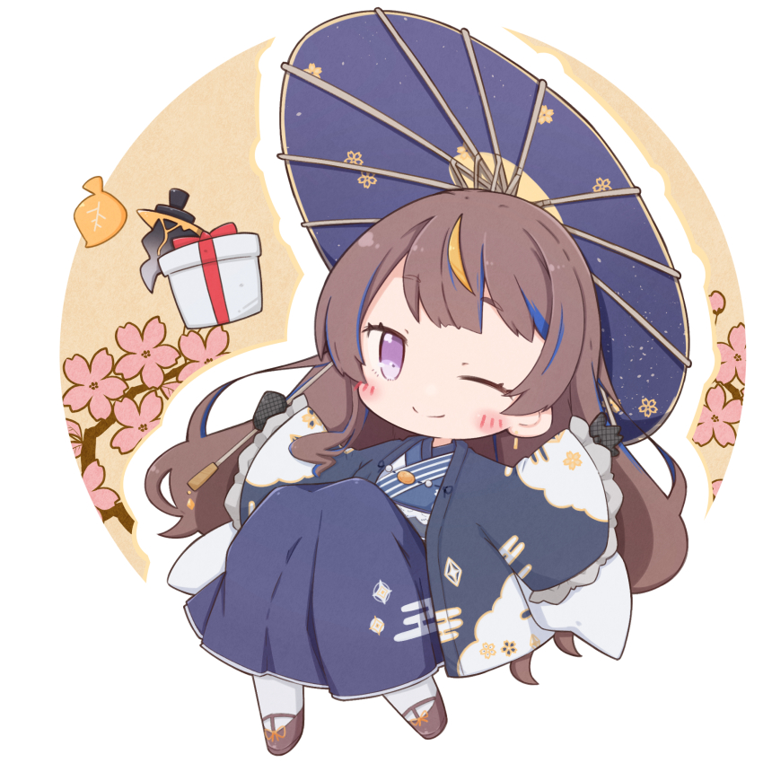 1girl anya_melfissa anya_melfissa_(new_year) autumn_leaves birthday black_gloves blonde_hair blue_hair blue_hakama blue_kimono blush box brown_hair cherry_blossoms chibi closed_mouth commentary_request dagger fishnet_gloves fishnets floral_print floral_print_kimono flower full_body gloves grey_haori hakama hakama_skirt hands_up haori highres holding holding_umbrella hololive hololive_indonesia japanese_clothes kimono knees_up knife kris_(weapon) lazurite leaf long_hair looking_at_viewer multicolored_hair official_alternate_costume official_alternate_hairstyle oil-paper_umbrella one_eye_closed pantyhose pink_flower print_kimono purple_eyes purple_umbrella red_ribbon ribbon shoes sidelocks skirt smile solo split_mouth straight_hair streaked_hair three_quarter_view umbrella virtual_youtuber weapon white_pantyhose