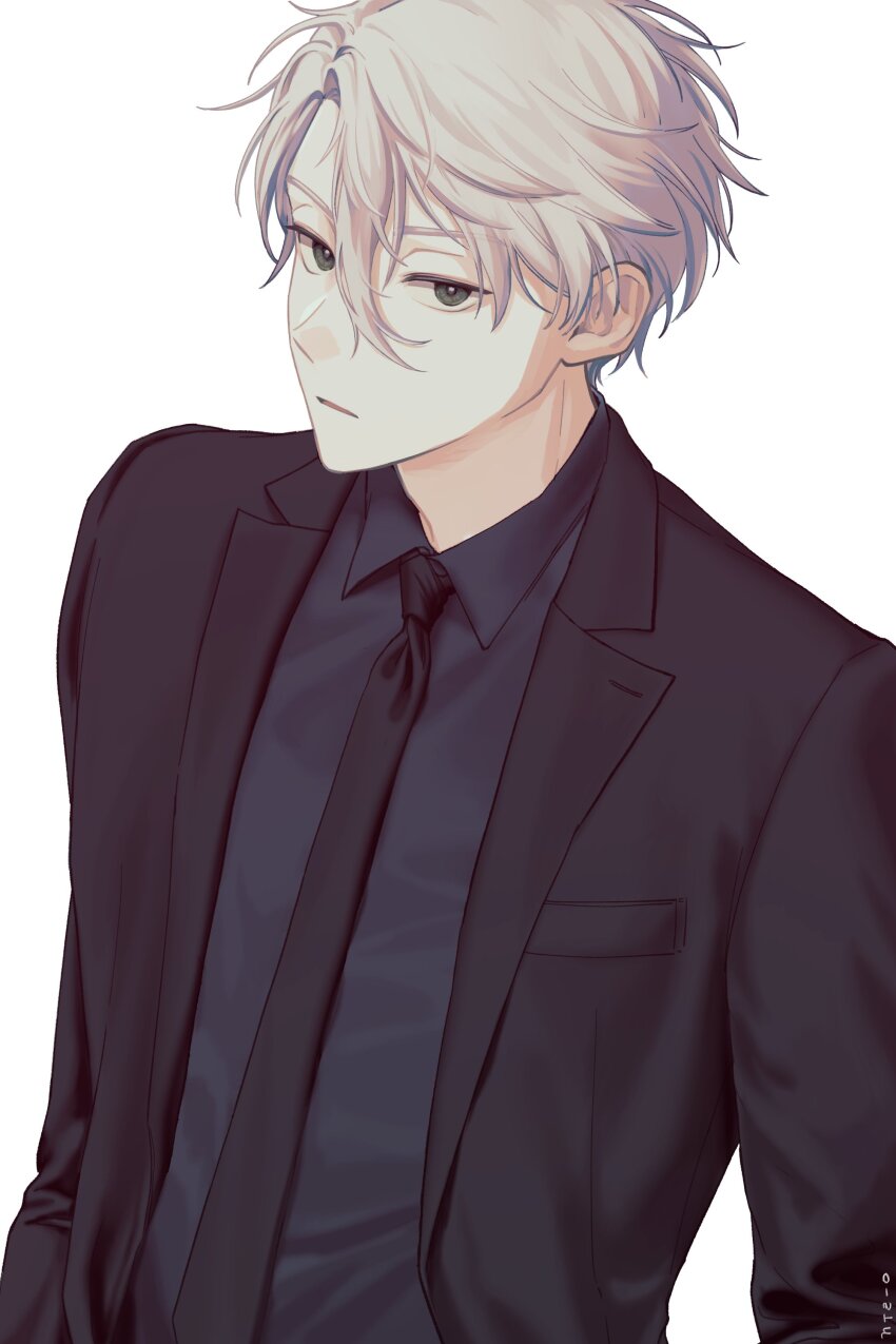 1boy 99reung absurdres adam&#039;s_apple black_jacket black_necktie black_shirt blue_lock collared_shirt formal_clothes grey_eyes hair_between_eyes highres jacket lapels long_sleeves looking_to_the_side male_focus nagi_seishirou necktie notched_lapels open_clothes open_jacket parted_bangs parted_hair parted_lips shirt sideways_glance simple_background solo suit_jacket upper_body white_background white_hair wing_collar