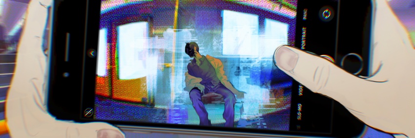 absurdres ben-day_dots black_shirt coat collared_shirt distortion english_text fake_photograph feet_out_of_frame glowing glowing_eye highres holding holding_phone kim_dokja leaning_to_the_side looking_at_viewer macaronijail off-shoulder_coat off_shoulder omniscient_reader&#039;s_viewpoint on_bench phone pole pov pov_hands screentones shaded_face shirt sitting stairs train viewer_self-insert white_coat window