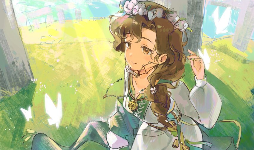 1girl blue_sky braces brown_eyes brown_hair bug butterfly day dress flower flower_wreath from_above glowing_butterfly grass green_shawl guni_(9guniguni) hand_up head_wreath highres insect jewelry long_hair looking_at_viewer low-braided_long_hair low-tied_long_hair necklace official_alternate_costume outdoors reverse:1999 sky smile solo stonehenge sunlight tooth_fairy_(reverse:1999) upper_body white_dress white_flower