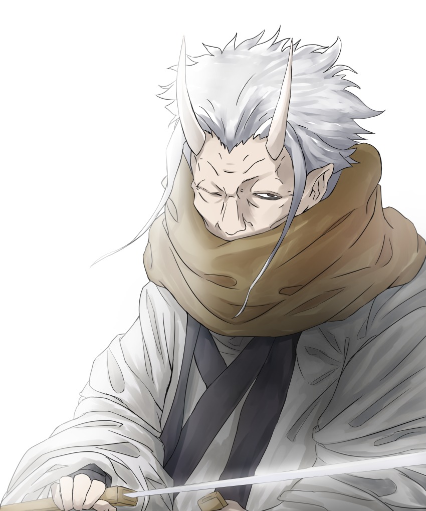 10s 1boy absurdres black_eyes brown_scarf covered_mouth grey_hair hakuro_(tensura) highres holding holding_sword holding_weapon horns long_sleeves looking_at_viewer male_focus old old_man one_eye_closed oni oni_horns scarf solo sword tensei_shitara_slime_datta_ken upper_body weapon white_background wide_sleeves