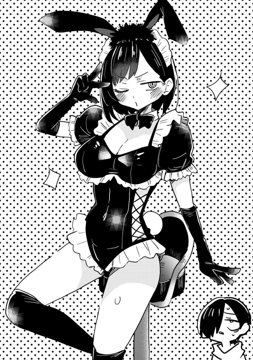 1boy 1girl animal_ears bar_stool blush boku_no_kokoro_no_yabai_yatsu bow bowtie breasts brother_and_sister cleavage elbow_gloves fake_animal_ears frilled_leotard frills gloves greyscale highres ichikawa_kana ichikawa_kyoutarou leotard long28 looking_at_viewer medium_breasts monochrome one_eye_closed playboy_bunny puffy_sleeves rabbit_ears ringed_eyes short_hair short_sleeves siblings stool thighhighs thighs traditional_bowtie v v_over_eye