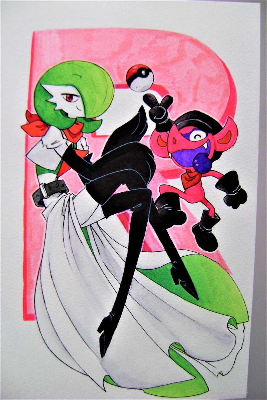 absurdres belt black_footwear black_gloves black_hat bob_cut boots closed_eyes colored_skin colored_tongue dress elbow_gloves fangs gardevoir gen_3_pokemon gen_8_pokemon gloves green_hair green_skin hat highres impidimp looking_at_viewer multicolored_skin nintendo open_mouth photo_(medium) pink_eyes pink_scarf poke_ball poke_ball_(basic) pokemon pokemon_(creature) purple_tongue scarf smile superiordutchsauce team_rocket team_rocket_uniform thigh_boots tongue tongue_out traditional_media two-tone_skin white_dress white_skin