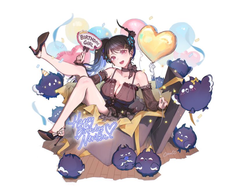 1girl :d absurdres alternate_hairstyle asymmetrical_horns balloon black_choker black_dress black_hair black_shoes black_skirt blue_hair box breasts cauli choker cleavage colored_inner_hair commentary confetti dated_commentary detached_sleeves dress english_commentary flower full_body hand_fan hand_fan_writing happy_birthday heart_balloon high_heels highres holding holding_balloon holding_fan hololive hololive_english horn_flower horns in_box in_container jailbird_(nerissa_ravencroft) large_breasts leg_up long_hair long_sleeves looking_at_viewer mole mole_under_eye multicolored_hair nerissa_ravencroft open_mouth partially_unbuttoned purple_eyes see-through_clothes see-through_sleeves shoe_soles shoes side_ponytail simple_background sitting skirt sleeveless sleeveless_dress slit_pupils smile solo swept_bangs uneven_horns virtual_youtuber white_background