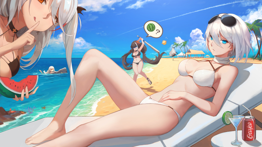 5girls alternate_costume azur_lane barefoot baseball_bat beach bikini black_hair blindfold blue_eyes blue_sky blush breasts can chair chinese_commentary choker cleavage cocktail_glass collarbone commentary_request cross cross_earrings cup day deutschland_(azur_lane) drink_can drinking_glass drinking_straw earrings finger_to_mouth flag_print flag_print_bikini floatie food fruit german_flag_bikini graf_zeppelin_(azur_lane) groin hair_between_eyes hand_on_own_stomach highres holding holding_baseball_bat holding_bat holding_food jewelry large_breasts leaning_forward linzhong_de_xiongbaobao long_hair looking_at_viewer lounge_chair low_twintails lying multicolored_hair multiple_girls navel ocean outdoors palm_tree print_bikini prinz_eugen_(azur_lane) prinz_eugen_(unfading_smile)_(azur_lane) red_hair revision sand sandals scarf short_hair shushing silver_hair sky soda_can spoken_food stomach streaked_hair suikawari swimsuit table thighs tirpitz tirpitz_(azur_lane) tirpitz_(snow-melting_summer)_(azur_lane) tree twintails two_side_up very_long_hair wading watermelon waves white_bikini yellow_eyes z46_(azur_lane)