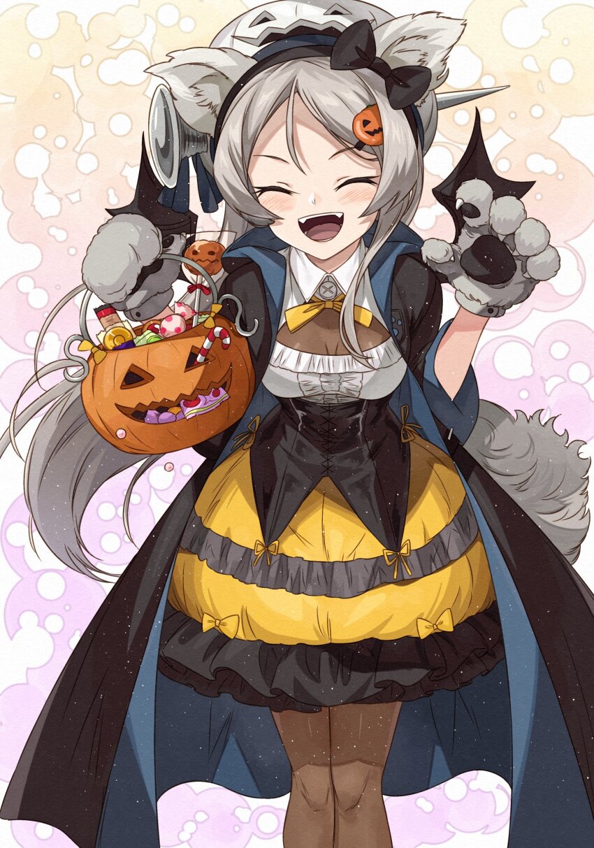1girl animal_ears animal_hands black_hairband blush breasts brown_pantyhose candy cape closed_eyes commission dress facing_viewer fake_animal_ears fake_tail fake_wings fangs food gloves hair_ornament hairband halloween halloween_bucket halloween_costume hat highres holding jack-o&#039;-lantern jack-o&#039;-lantern_hair_ornament javelin_(kancolle) kanmiya_shinobu kantai_collection lollipop long_hair medium_breasts open_mouth pantyhose paw_gloves simple_background skeb_commission solo tail wings