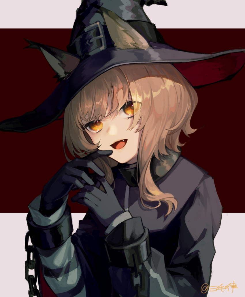 1girl :d absurdres animal_ears arknights black_gloves black_hat black_jacket blonde_hair cat_ears cat_girl commentary_request cuffs ears_through_headwear fang gloves hat hat_belt haze_(arknights) highres jacket long_sleeves looking_at_viewer miike_(992058) open_mouth orange_eyes short_hair_with_long_locks signature smile solo upper_body witch_hat