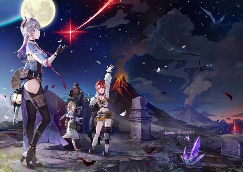 1boy 3girls :d ahoge ankle_garter arm_up atelier_(series) atelier_resleriana bag belt bird black_bird black_footwear black_hair black_jacket black_pants black_thighhighs blue_eyes blue_shirt boots brown_shorts brown_skirt capelet clothing_cutout cloud crystal dark_skin demon_horns dress feathers flocke_cerha full_moon gloves green_eyes green_hair green_shirt hair_between_eyes head_rest headband heidi_(atelier) high_heels highres holding holding_lantern horns jacket knee_pads lantern lanze_dach long_sleeves midriff moon multiple_belts multiple_girls night night_sky no_shirt official_art open_mouth pants partially_fingerless_gloves pouch promotional_art puffy_long_sleeves puffy_sleeves purple_eyes red_hair ruins satchel shirt shooting_star shorts showgirl_skirt single_knee_pad sitting skirt sky smile smoke standing star_(sky) thigh_pouch thighhighs tokki valeria_(atelier) volcano white_dress white_hair white_jacket