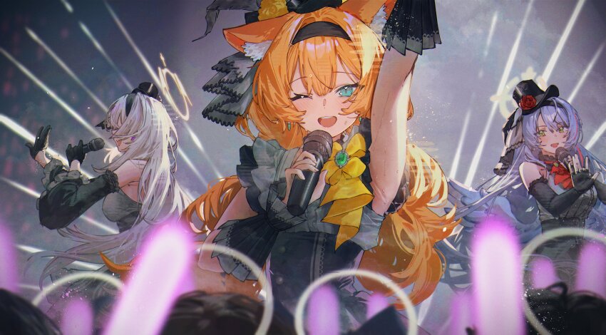 3girls absurdres animal_ear_fluff animal_ears arm_up betabeet blue_archive blue_eyes blue_hair blue_wings blurry blush cat_ears cat_girl depth_of_field dress feathered_wings glowstick green_eyes grey_dress grey_hair halo hat highres holding holding_microphone idol idol_clothes long_hair low_twintails low_wings mari_(blue_archive) mari_(idol)_(blue_archive) microphone mine_(blue_archive) mine_(idol)_(blue_archive) mini_hat mini_top_hat multiple_girls official_alternate_costume official_alternate_hairstyle one_eye_closed open_mouth orange_hair people psd_available sakurako_(blue_archive) sakurako_(idol)_(blue_archive) smile solo_focus stage stage_lights sweat top_hat twintails wings yellow_halo