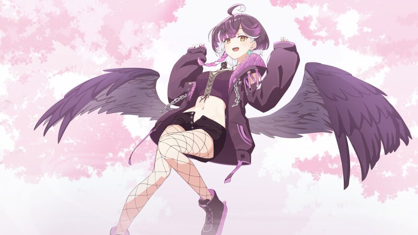 1girl :d absurdres ahoge animal animal_on_shoulder bird bird_on_shoulder black_footwear black_shorts braid breasts commentary_request earrings feathered_wings fishnet_pantyhose fishnets hashtag-only_commentary highres jacket jewelry long_sleeves low_wings multicolored_hair open_clothes open_jacket open_mouth ougimaneki pantyhose purple_hair purple_jacket purple_wings shorts sleeves_past_wrists smile solo streaked_hair teeth tongue tsukiyoi_avi upper_teeth_only varium white_hair wings yellow_eyes