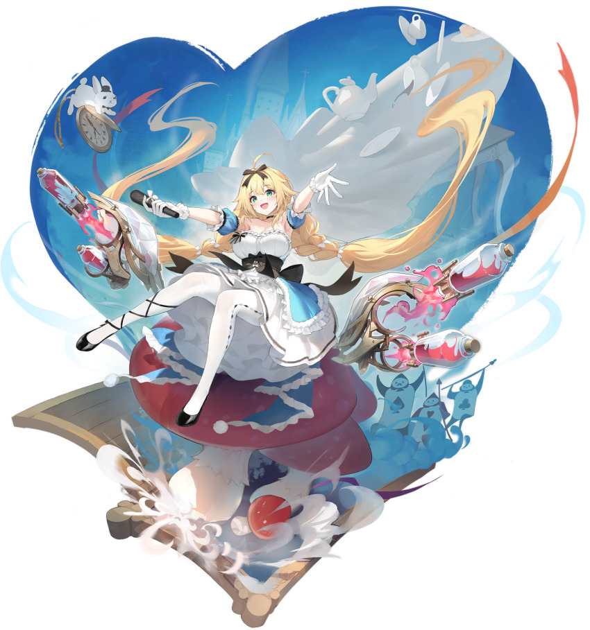 1girl ahoge alice_(alice_in_wonderland) alice_(alice_in_wonderland)_(cosplay) alice&#039;s_adventures_in_wonderland argyle_clothes argyle_pantyhose armpits azur_lane black_bow black_choker black_footwear black_ribbon blonde_hair blush bow braid breasts byulzzi choker cleavage cosplay dress floating_hair frilled_dress frills full_body gloves green_eyes hair_bow hair_ribbon high_heels highres holding holding_microphone large_breasts layered_dress le_temeraire_(azur_lane) le_temeraire_(muse)_(azur_lane) long_hair looking_at_viewer microphone official_art open_mouth outstretched_arms pantyhose ribbon smile solo twin_braids very_long_hair white_bow white_dress white_gloves white_pantyhose