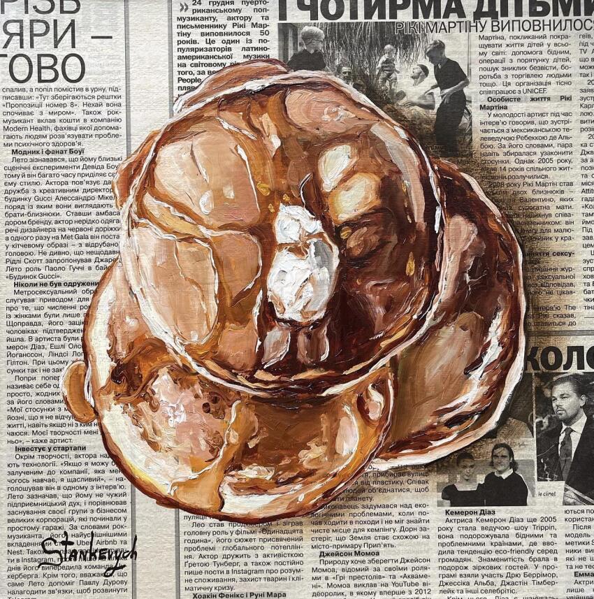cream food food_focus highres julia_stankevych maple_syrup newspaper no_humans oil_painting_(medium) original painting_(medium) pancake photo_(medium) realistic signature still_life traditional_media wall_of_text