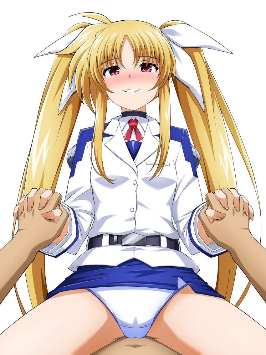 ahoge alternate_costume belt belt_buckle blonde_hair blush buckle cameltoe eyebrows_hidden_by_hair fate_testarossa grin hair_ribbon highres holding_hands long_hair long_sleeves looking_at_viewer lyrical_nanoha mahou_shoujo_lyrical_nanoha oshimaru026 panties pencil_skirt red_eyes red_ribbon ribbon sidelocks simple_background skirt smile straddling tsab_air_military_uniform twintails underwear very_long_hair white_background white_panties white_ribbon