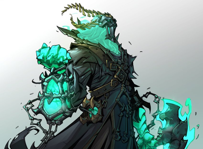 1boy black_jacket chain clenched_hand from_side ghost glowing glowing_eye gradient_background green_eyes grey_background hand_up hicham_habchi highres holding holding_lantern jacket key lantern league_of_legends long_hair mask open_mouth ruined_king:_a_league_of_legends_story solo thresh_(league_of_legends) torn_clothes torn_jacket