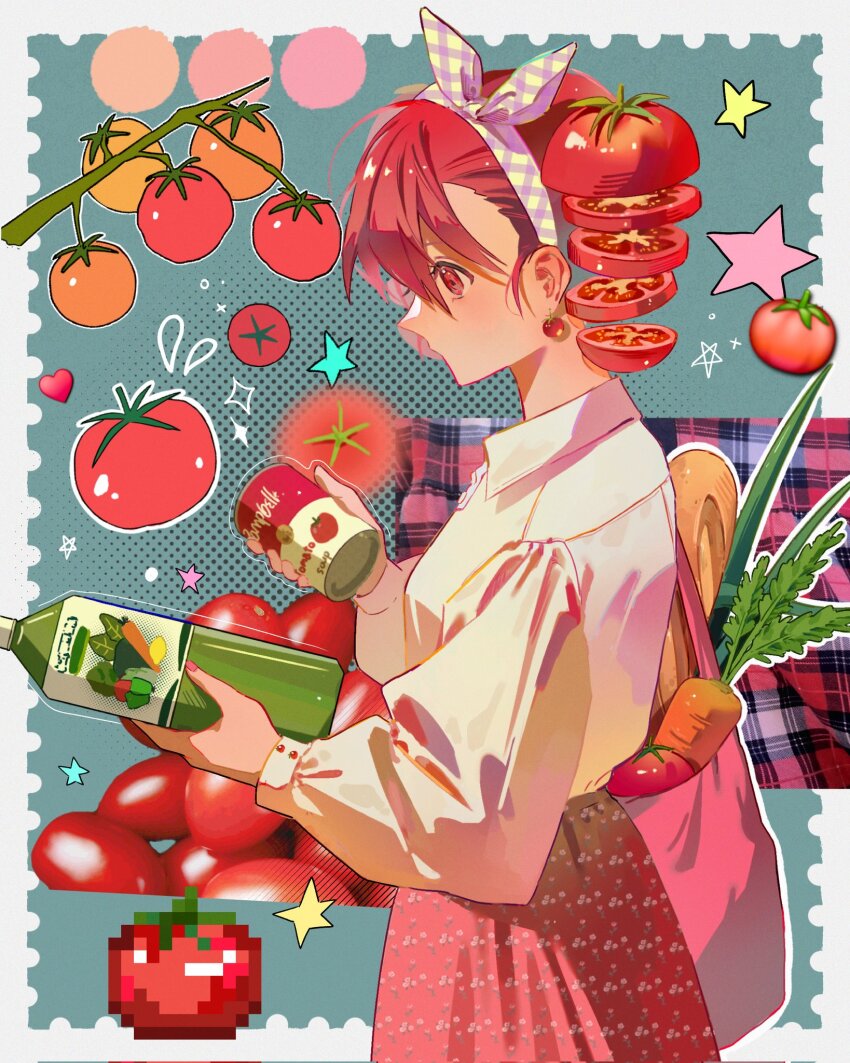 1girl alternate_costume aqua_background bag baguette book border bow bow_hairband bread buttons can canned_food carrot collared_shirt cowboy_shot dress_shirt floral_print_skirt food food-themed_hair from_side fruit grey_border hair_bow hairband hands_up highres holding holding_book holding_can kasane_teto kasane_tomato_kan_(utau) long_sleeves looking_at_object looking_down medium_skirt outside_border pink_bag plaid_bow plaid_hairband plastic_bottle poppippoo_(vocaloid) red_eyes red_hair red_skirt ru_y021 shirt shoulder_bag skirt solo tomato utau vegetable_juice wing_collar
