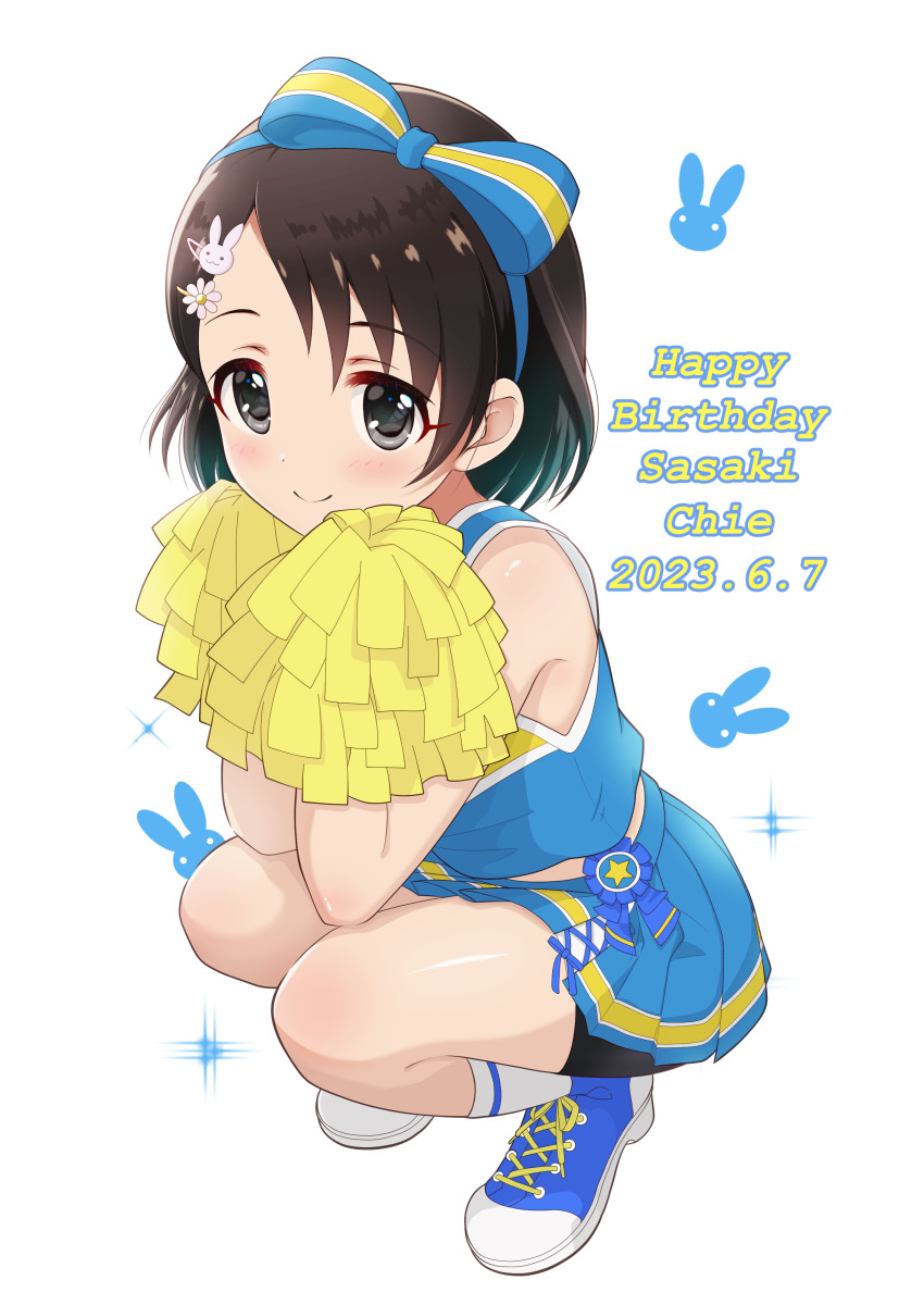 1girl absurdres animal_print bike_shorts bike_shorts_under_skirt blue_shirt blue_skirt blush bow_hairband brown_hair character_name cheerleader commentary_request dated hairband happy_birthday highres holding holding_pom_poms idolmaster idolmaster_cinderella_girls kirinp_u149 looking_at_viewer pleated_skirt pom_pom_(cheerleading) pom_poms rabbit_print sasaki_chie shirt skirt sleeveless sleeveless_shirt smile solo squatting