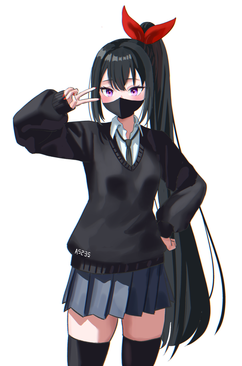 1girl a5235 artist_name black_hair black_mask black_necktie black_sweater black_thighhighs collared_shirt cowboy_shot dress_shirt grey_skirt hair_ribbon hand_on_own_hip high_ponytail highres long_hair long_sleeves looking_at_viewer mask miniskirt mouth_mask necktie ninnin_(waktaverse) pleated_skirt ponytail purple_eyes red_nails red_ribbon ribbon school_uniform shirt simple_background skirt sleeves_past_wrists solo sweater thighhighs v v_over_eye very_long_hair virtual_youtuber waktaverse white_background white_shirt wing_collar zettai_ryouiki