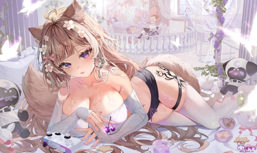 1girl absurdres animal_ear_fluff black_shorts braid brown_hair bug butterfly can cherry collarbone controller earrings eyelashes flower food fruit game_controller hair_flower hair_ornament highres insect isari_sensei jewelry long_hair mole mole_on_stomach multicolored_hair navel off-shoulder_shirt off_shoulder open_mouth pillow purple_eyes railing sakurai_hana shirt shorts streaked_hair tail thigh_strap thighhighs twitter_username vdonburi virtual_youtuber white_flower white_hair white_sleeves white_thighhighs