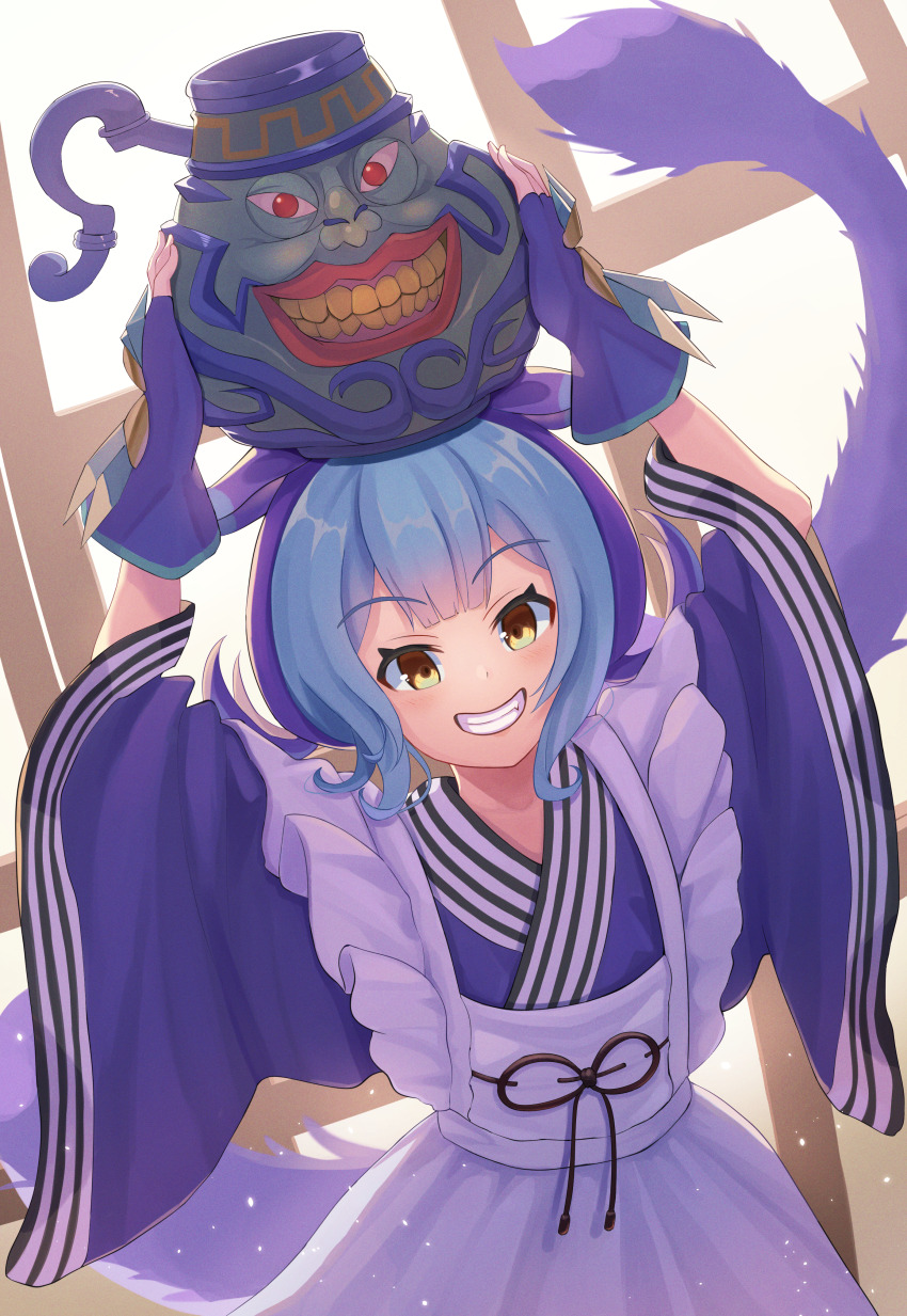 1girl absurdres apron arms_up blue_hair blue_kimono blush clenched_teeth dragon_girl dragon_horns dragon_tail duel_monster eastern_dragon_horns fingerless_gloves frilled_apron frills gloves highres horns japanese_clothes kimono laundry_dragonmaid looking_at_viewer maid maid_apron open_mouth pot_of_greed pot_on_head seiyagasa solo tail teeth twintails wa_maid white_apron yellow_eyes yu-gi-oh!
