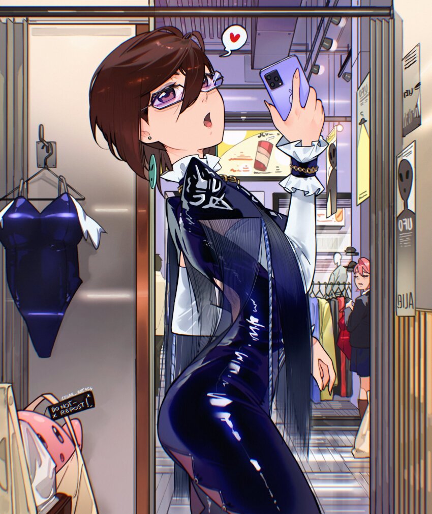 2girls ayase_momo bayonetta bayonetta_(cosplay) bayonetta_(series) bayonetta_2 blue_bodysuit blue_leotard bodysuit brown_hair cellphone cesar_art456 closed_eyes clothes_hanger clothes_shop commentary_request cosplay cowboy_shot dandadan earrings from_side glasses hair_between_eyes heart highres holding holding_phone indoors jewelry kirby kirby_(series) leotard long_sleeves multiple_girls nintendo open_mouth phone pink-tinted_eyewear pink_hair poster_(object) shiny_clothes shiratori_aira_(dandadan) short_hair smartphone solo_focus spanish_commentary spoken_heart standing tinted_eyewear