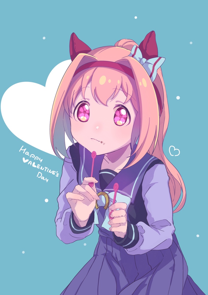 1girl absurdres animal_ears blue_background bow chocolate chocolate_on_face ear_bow flower-shaped_pupils food food_on_face grey_bow hair_intakes hairband happy_valentine haru_urara_(umamusume) heart highres holding horse_ears long_hair long_sleeves looking_at_viewer moko39_takasora pink_hair pleated_skirt ponytail puffy_long_sleeves puffy_sleeves purple_eyes purple_shirt purple_skirt red_hairband school_uniform shirt simple_background skirt solo symbol-shaped_pupils tracen_school_uniform umamusume valentine very_long_hair