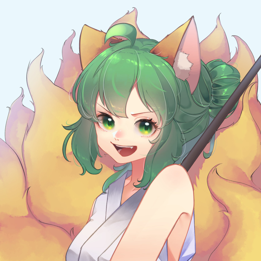 1girl :d animal_ears bare_shoulders blue_background fangs fox_ears fox_girl fox_tail green_eyes green_hair hair_bun highres holding holding_stick japanese_clothes kitsune kuromori_o kyuubi looking_at_viewer medium_hair miko multiple_tails open_mouth original shirt single_hair_bun sleeveless smile stick tail upper_body v-shaped_eyebrows white_shirt