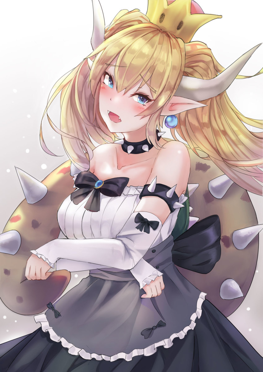 1girl alternate_costume alternate_hairstyle apron armlet black_bow blonde_hair blue_eyes blush bow bowsette commentary eru_(eru_illust) fangs female_focus highres horns jewelry looking_at_viewer maid_apron mario_(series) new_super_mario_bros._u_deluxe nintendo open_mouth pointy_ears simple_background solo spiked_armlet spiked_tail super_crown tail twintails waist_bow white_background