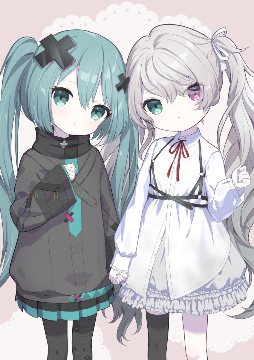 1girl 25-ji_miku 25-ji_nightcord_de._(project_sekai) aqua_eyes aqua_hair aqua_nails bandaid bandaid_on_leg batsu_miku black_skirt black_thighhighs blush chatnoir-juno closed_mouth dot_mouth dress flat_chest frilled_dress frilled_sleeves frills grey_hair grey_jacket hair_between_eyes hair_ornament hatsune_miku heterochromia highres holding_hands jacket kowareta_sekai_to_utaenai_miku long_hair long_sleeves pink_eyes pleated_skirt project_sekai simple_background skirt solo thighhighs turtleneck turtleneck_jacket twintails very_long_hair white_background white_dress wide_sleeves x_hair_ornament