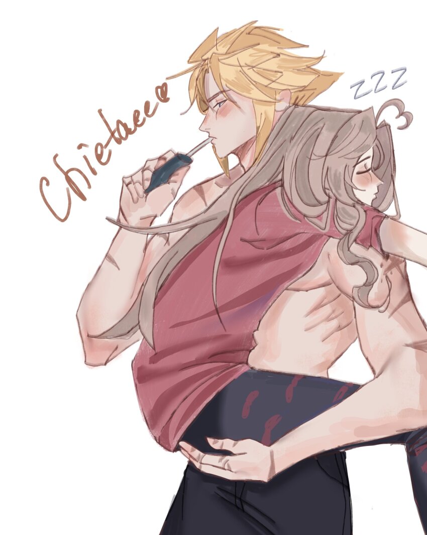 1boy 1girl aerith_gainsborough artist_name black_pants blonde_hair blush brown_hair casual chietaee4ka closed_eyes cloud_strife couple final_fantasy final_fantasy_vii hair_between_eyes heart heart-shaped_hair hetero highres long_hair pajamas pants parted_bangs print_pants red_shirt scar scar_on_arm shirt short_hair sidelocks sketch spiked_hair topless_male white_background zzz