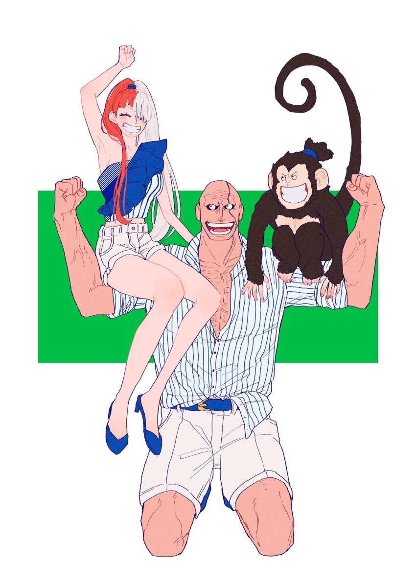 1boy 1girl ^_^ animal arm_up bonk_punch buzz_cut closed_eyes commentary_request cropped_legs flexing green_background heart_blody highres monkey monster_(one_piece) multicolored_hair on_shoulder one_piece one_piece_film:_red ponytail red_hair short_hair shorts simple_background single_bare_shoulder smile stitched_face stitches two-tone_hair uta_(one_piece) very_short_hair white_background white_hair white_shorts