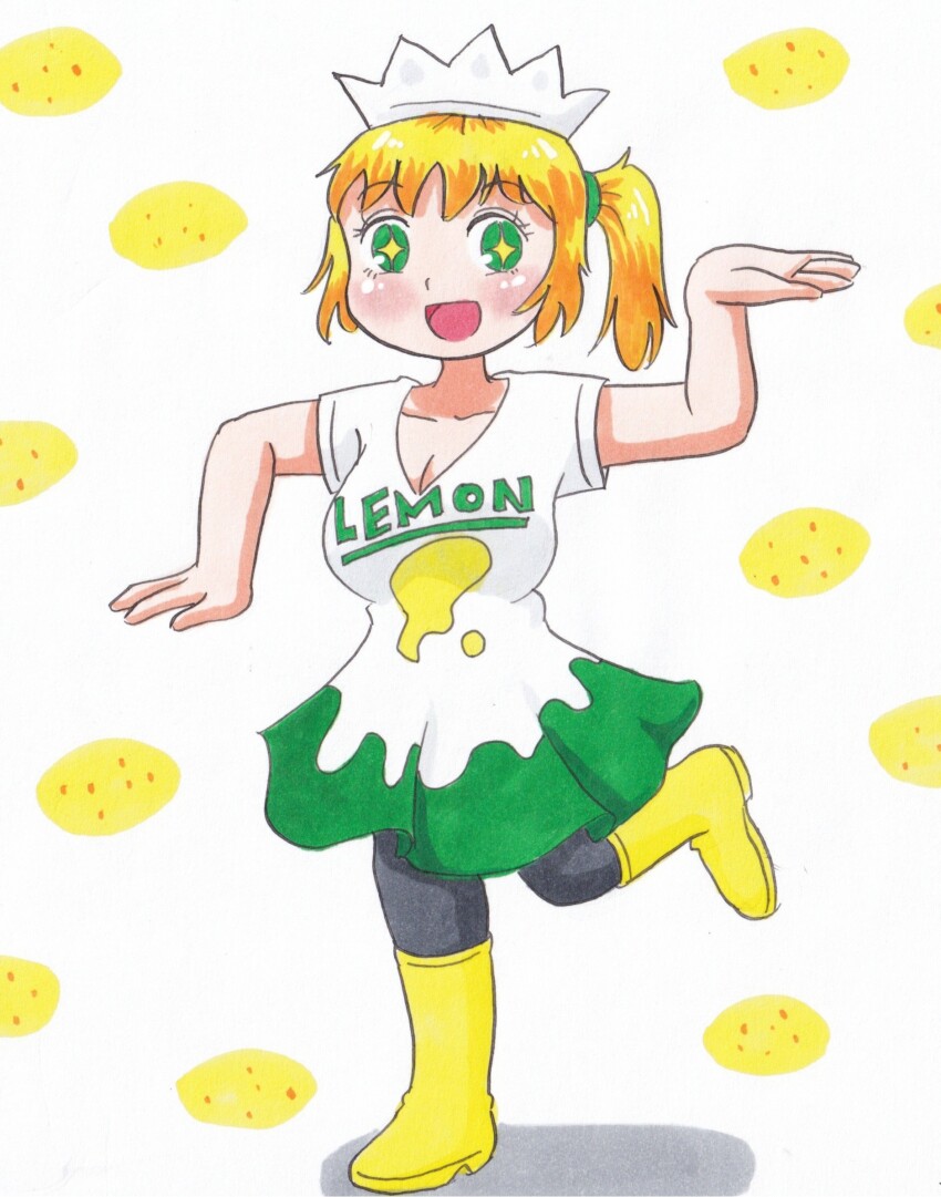 1girl black_pantyhose blonde_hair blush boots breasts cleavage clothes_writing collarbone dress food fruit green_eyes highres lemon lemon_milk long_hair looking_at_viewer marup medium_breasts open_mouth pantyhose personification ponytail print_dress short_sleeves side_ponytail smile standing standing_on_one_leg star-shaped_pupils star_(symbol) symbol-shaped_pupils traditional_media white_background white_dress yellow_boots