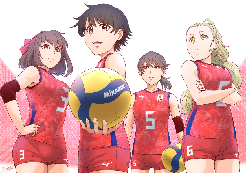 4girls alternate_costume artist_name ball blonde_hair brand_name_imitation brown_eyes brown_hair closed_mouth commentary dated elbow_pads frown girls_und_panzer hair_pulled_back hairband hand_on_own_hip headband highres holding holding_ball isobe_noriko japanese_flag kawanishi_shinobu kondou_taeko logo long_hair looking_at_viewer medium_hair mikasa_sports multiple_girls open_mouth ponytail red_headband red_shirt red_shorts sasaki_akebi satou_yasu shirt short_hair short_ponytail short_shorts shorts signature sleeveless sleeveless_shirt smile sportswear standing swept_bangs volleyball volleyball_(object) volleyball_uniform white_hairband
