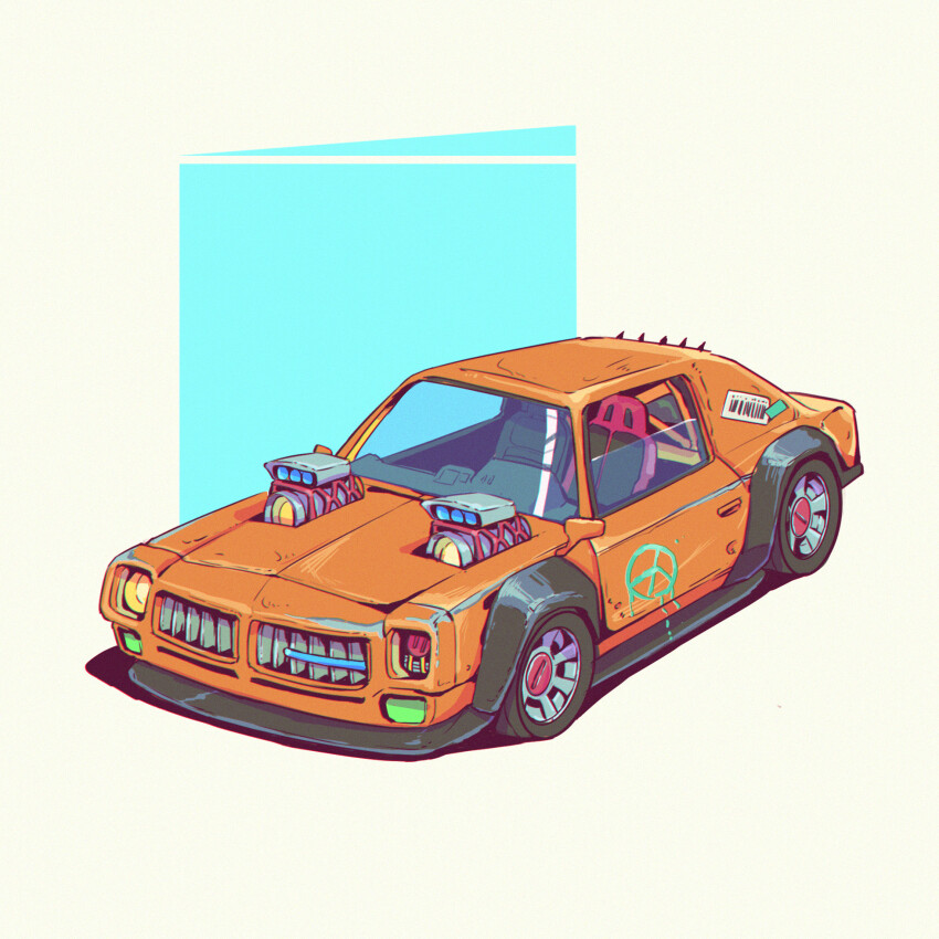 barcode blue_background car chromatic_aberration highres iwse_zhang motor_vehicle no_humans orange_car original peace_symbol simple_background still_life two-tone_background vehicle_focus vehicle_request