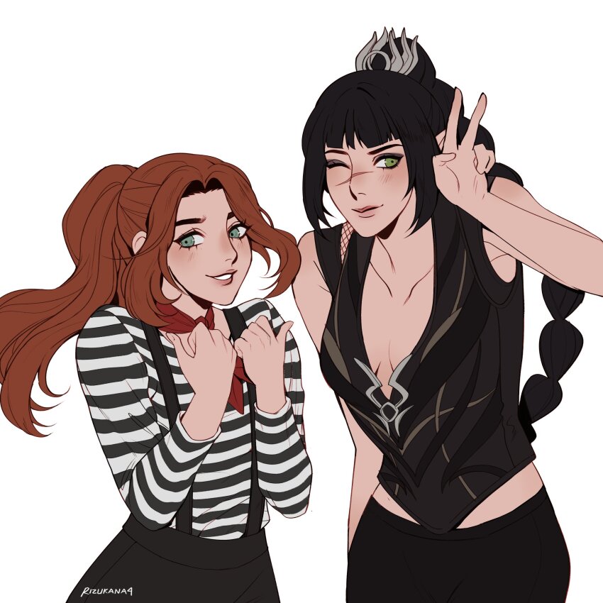 2girls ;) absurdres baldur&#039;s_gate baldur&#039;s_gate_3 black_hair black_shirt brown_hair clair_obscur:_expedition_33 collarbone cowboy_shot crossover dungeons_&amp;_dragons dungeons_&amp;_dragons green_eyes hands_up highres jennifer_english long_hair looking_at_viewer maelle_(clair_obscur:_expedition_33) multiple_girls neckerchief nina_(rizukana4) one_eye_closed ponytail red_neckerchief scar scar_on_face scar_on_nose shadowheart_(baldur&#039;s_gate) shirt simple_background sleeveless sleeveless_shirt smile striped_clothes striped_shirt suspenders v voice_actor_connection white_background